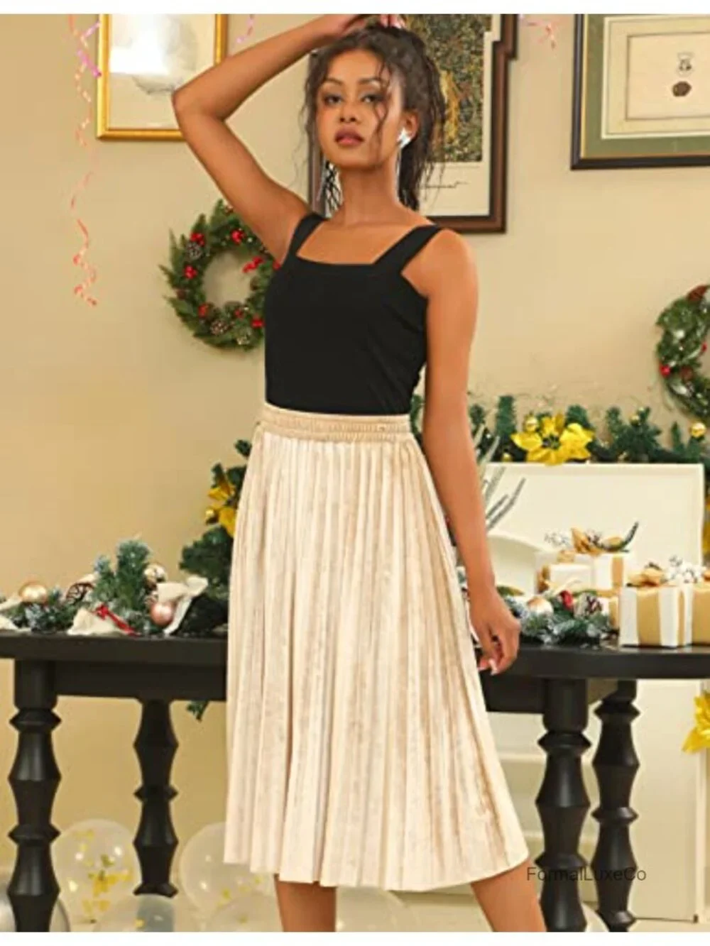 DRESSTELLS Pleated Midi Skirt High Waisted A-Line Chiffon Lined